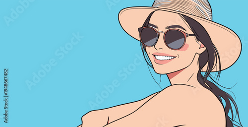 Woman in hat and sunglasses smiles against blue background during sunny day