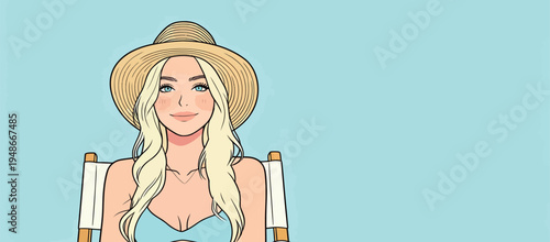 Woman in a straw hat enjoys sun by the poolside while holding a drink under the blue sky