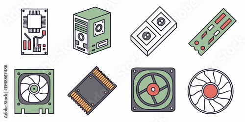 a collection of computer hardware components Vector