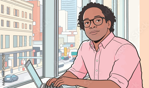 Man working on laptop near window in urban setting with city view and busy street outside