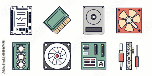a collection of computer hardware components Vector