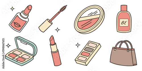 a collection of makeup products and a handbag Vector