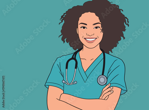 Smiling nurse in scrubs stands with arms crossed in front of a solid colored background
