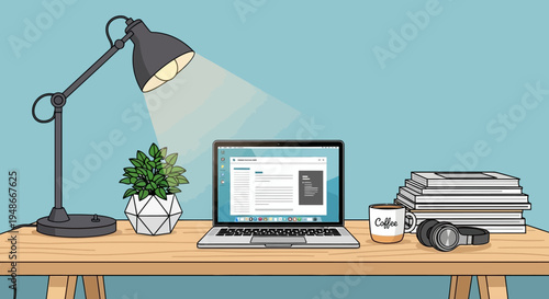 Vector illustration of a desk with laptop, books, and office supplies
