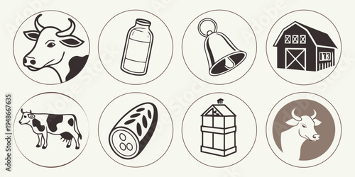 icons related to cow milk production and dairy farm Vector