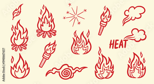 Hand drawn fire flame and heat elements set