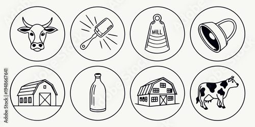 black and white icons related to dairy farm products and tools Vector