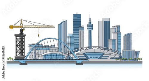 City Skyline with Construction Crane Tower.