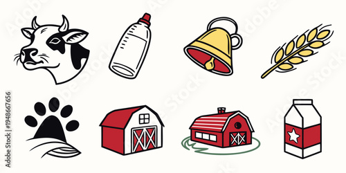 farm icons including cow head and milk carton Vector