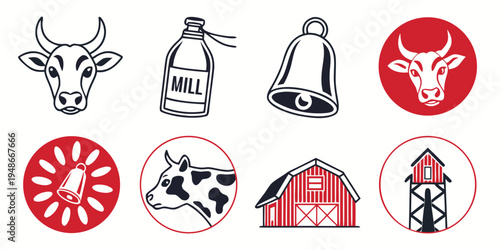 farm icons including cow head and barn Vector