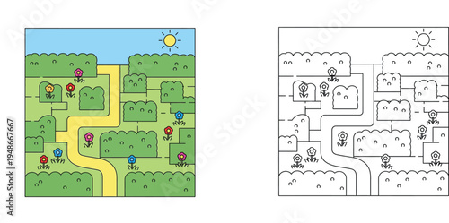 Garden maze puzzle with flowers for children coloring page illustration