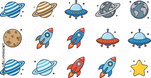Cartoon space icons set with planets, rocket ships, UFO flying saucers, moon and stars, astronomy and space exploration vector illustration