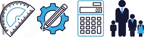 Education and Business Management Icons: Protractor, Gear, Pencil, Calculator and Family Symbols