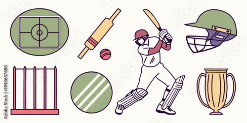 cricket player with equipment and symbols Vector
