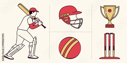 cricket player with ball helmet and trophy Vector