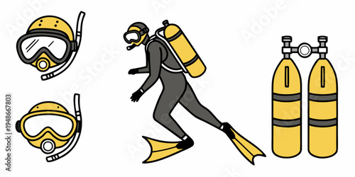 scuba diver with equipment on white background Vector