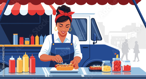 Woman preparing hot dog at food truck, street food vendor, urban lifestyle, illustration