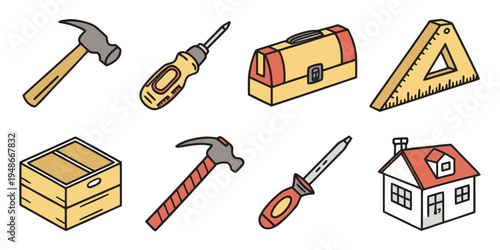 a collection of various construction tools and a house Vector