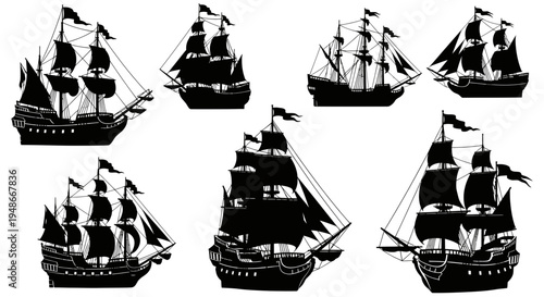 Collection of Black Silhouette Sailing Ships and Galleons