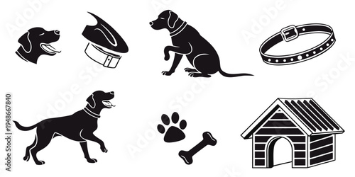a collection of dog related items and a dog house Vector