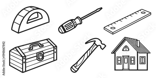 a set of tools and a house with a toolbox Vector