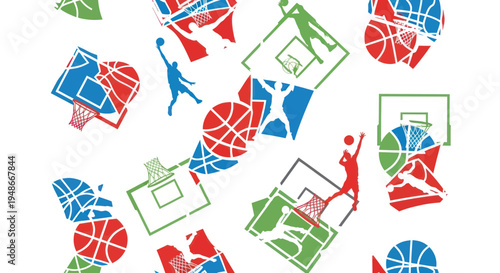Basketball Pattern: Dynamic Silhouettes of Players, Hoops, and Balls