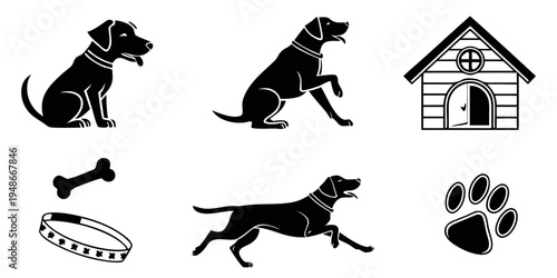 black dog icons and dog related items Vector