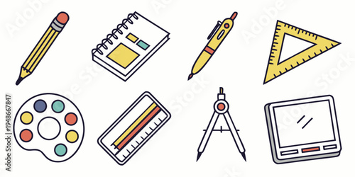 a collection of school supplies and art tools Vector