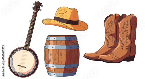 Country Music Cowboy Gear: Banjo, Hat, Boots, and Barrel