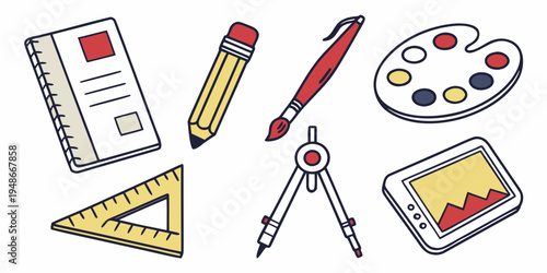 a collection of drawing and art supplies Vector