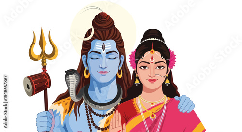 Lord Shiva and Goddess Parvati embracing, Hindu deities, divine couple, spiritual illustration
