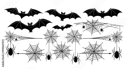 Halloween Silhouette Elements: Bats, Spiders, and Cobwebs on White Background