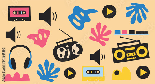 Retro music elements and abstract shapes pattern