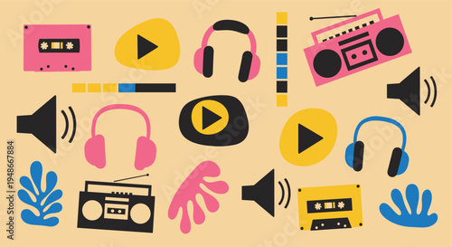 Abstract musical elements pattern with retro audio equipment and media icons