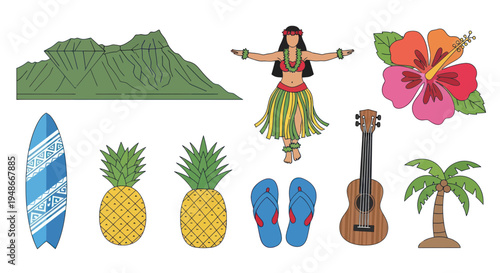 Hawaii Icon Set: Hula Dancer, Surfboard, Pineapple, Hibiscus, Ukulele, Palm Tree