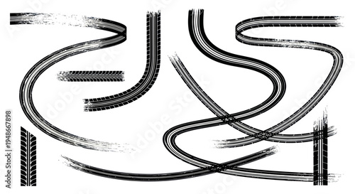 Tire Tracks Collection: Grunge Brush Strokes and Winding Road Patterns