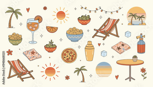 Summer vacation elements collection with tropical icons and beach party items