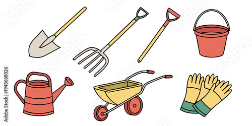 a set of gardening tools and equipment Vector