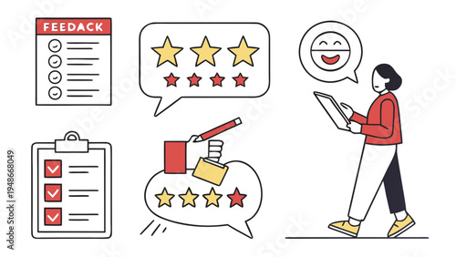 a woman evaluating a service with a clipboard and a smiley face Vector