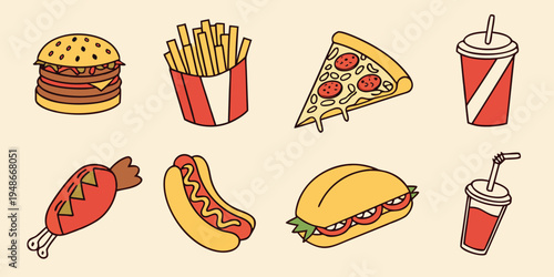 a variety of fast food items on a beige background Vector