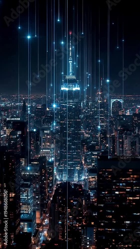 Wallpaper Mural スマートシティのビル群をデータネットワークが巡る近未来テクノロジー縦動画背景素材 Torontodigital.ca