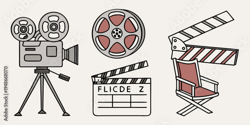 film making icons including camera and clapper board Vector