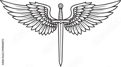 Vector illustration of sword with wings, line art
