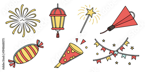 a collection of festive fireworks and party items Vector