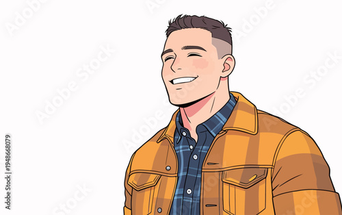 Man smiles while wearing a yellow jacket and plaid shirt against a plain background