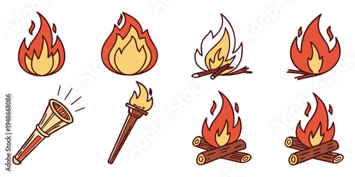 a collection of cartoon fire and flame icons Vector