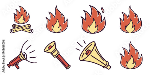 a set of cartoon fire and torch icons Vector