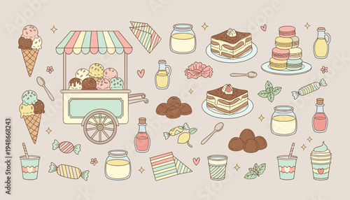 Cute hand drawn dessert and ice cream cart collection