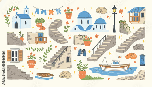 Hand drawn Greek island travel elements collection