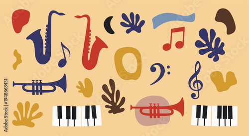 Abstract musical elements and jazz instruments collage
